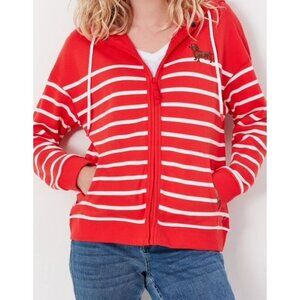 NWT Womens Joules Red & White Striped Zip-Up Hoodie w/Dachshund Embroidery